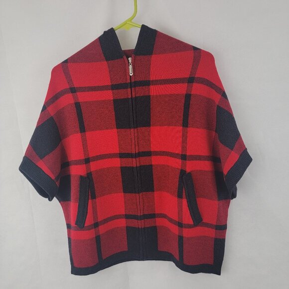 UNBRANDED Womens MEDIUM? Red Black Plaid Sweater Poncho Dolman Hooded Full Zip - Picture 1 of 13